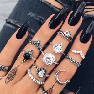 10pc Bohemian Black Ring Set