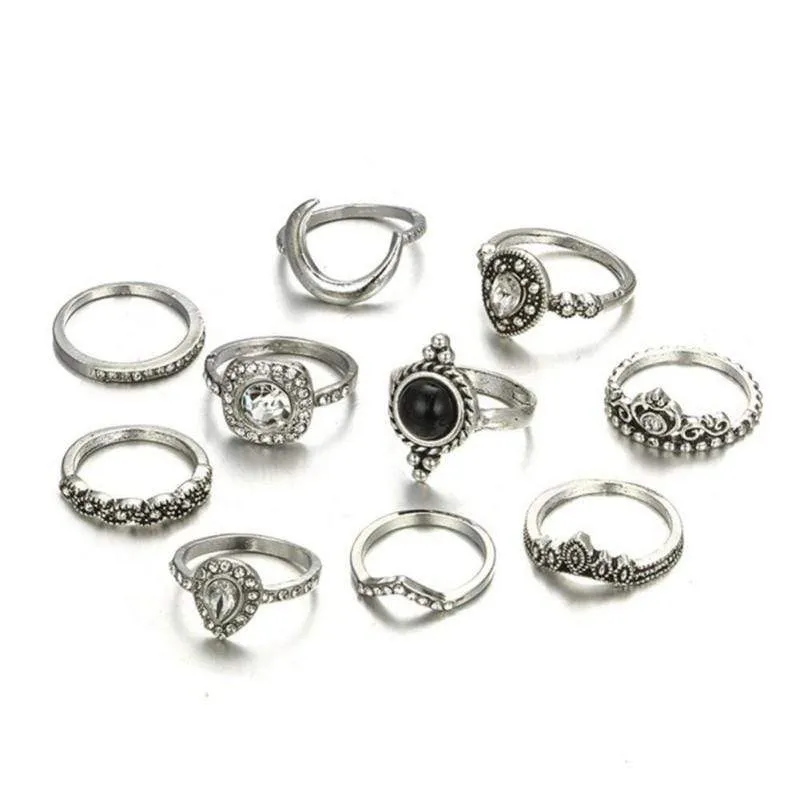 10pc Bohemian Black Ring Set