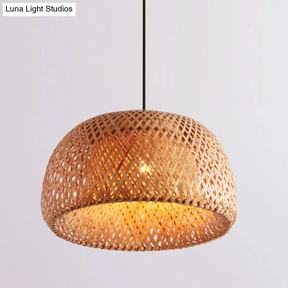 12"/15"/18" Wide Bamboo Domed Pendant Light Fixture - 1-Light Living Room Hanging Lamp Kit in Beige