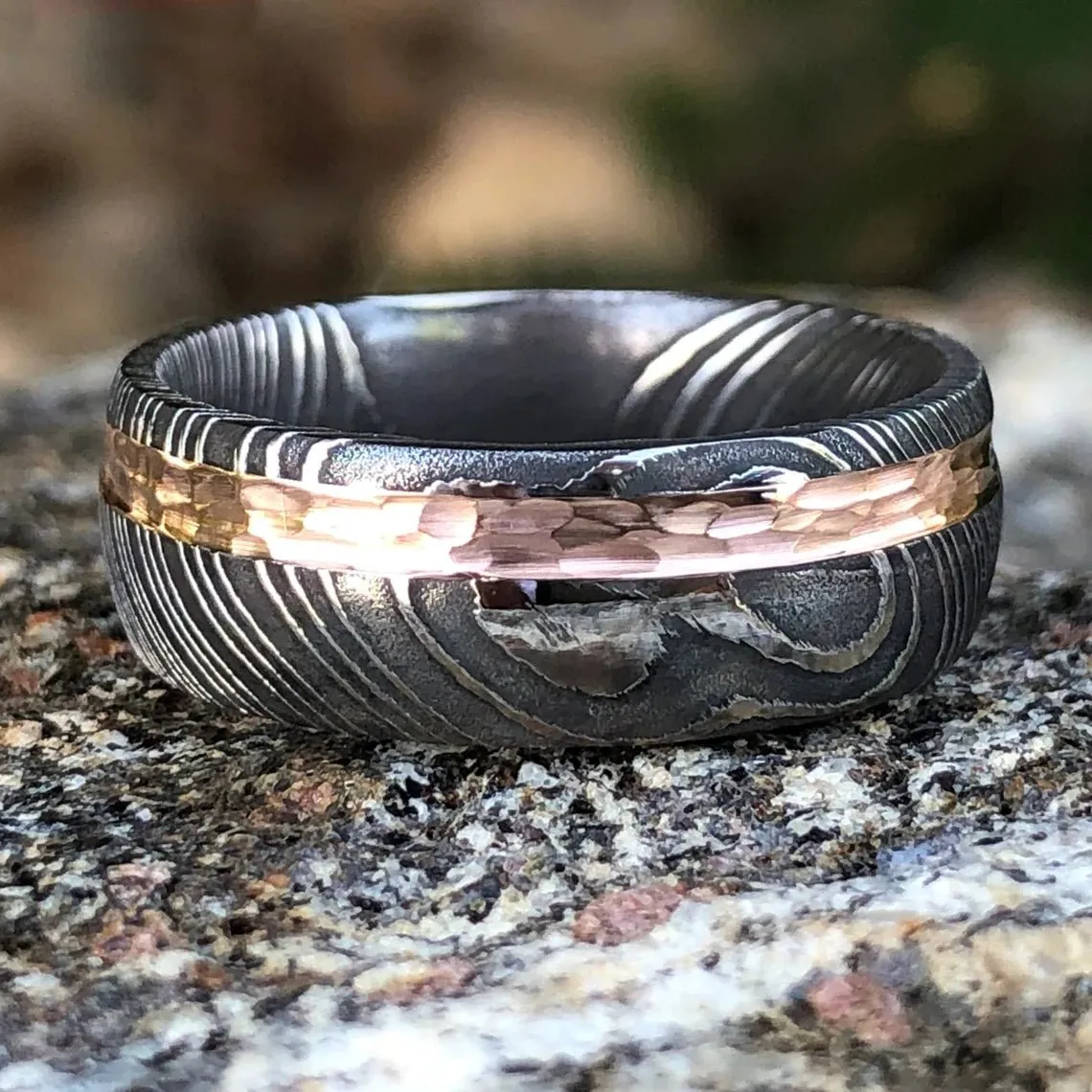 14k Rose Gold Damascus Steel Ring Custom USA Made Rings