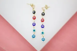 18K Gold Filled Colorful Evil Eyes Long Drop & Dangle Earrings