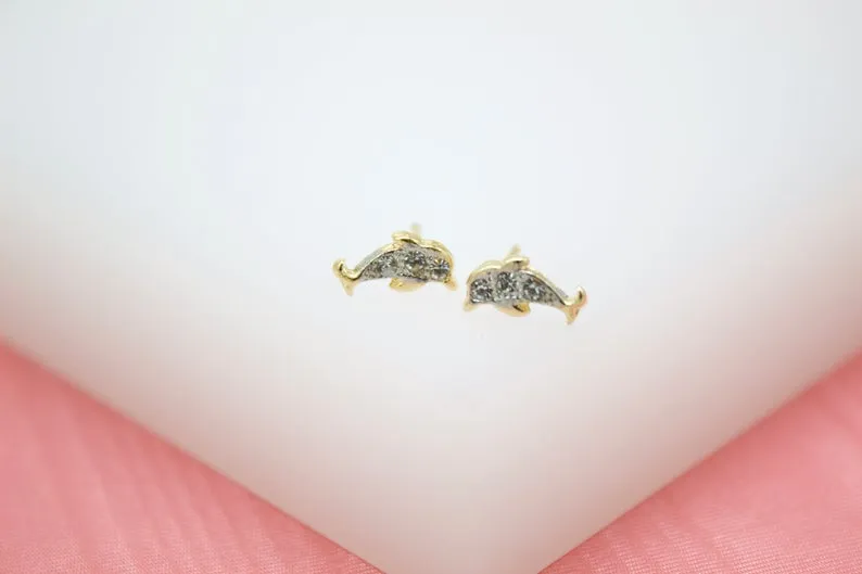 18K Gold Filled Dolphin Stud Earrings With Micro CZ Cubic Zirconia Stone