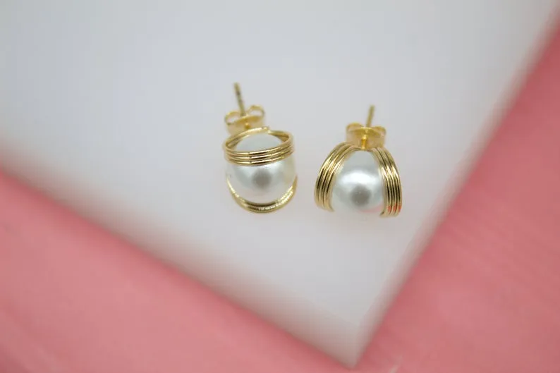 18K Gold Filled Pearl Stud Earrings With Golden Rings