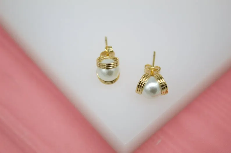 18K Gold Filled Pearl Stud Earrings With Golden Rings