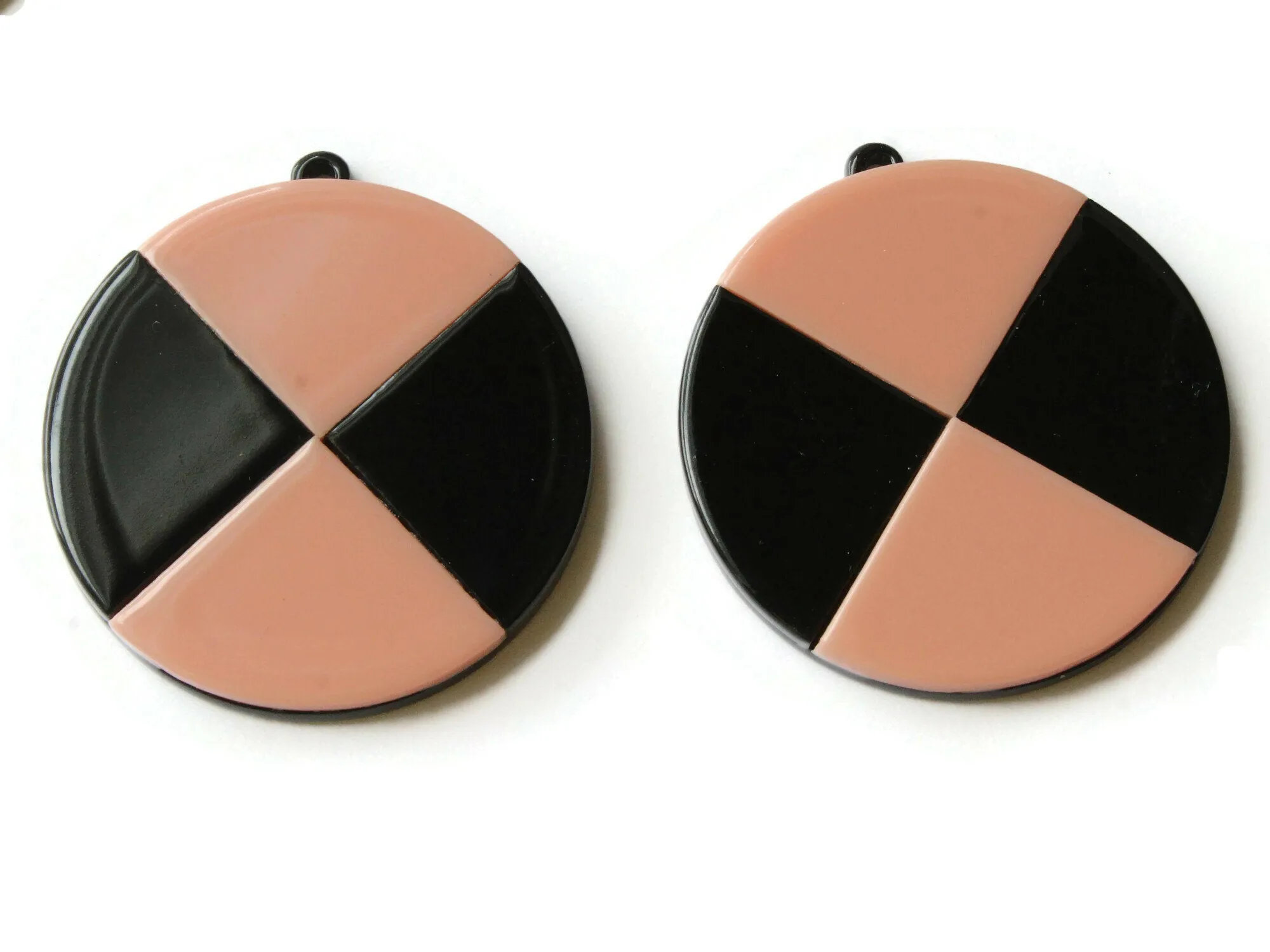 2 Pink and Black Flat Round Resin Pendants