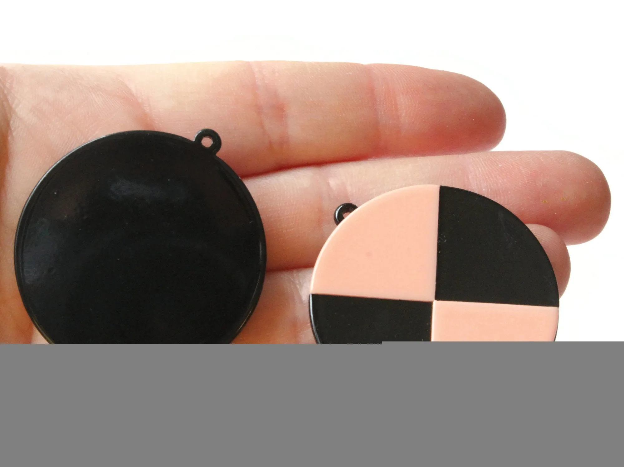 2 Pink and Black Flat Round Resin Pendants