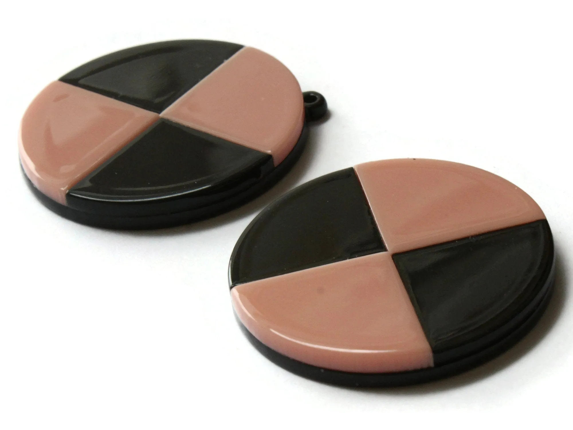 2 Pink and Black Flat Round Resin Pendants