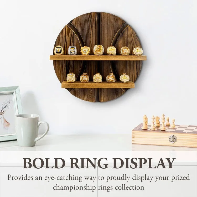 2 Tier Wall Mounted Brown Wood Sports Championship Ring Holder, Jewelry Storage Display