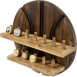 2 Tier Wall Mounted Brown Wood Sports Championship Ring Holder, Jewelry Storage Display