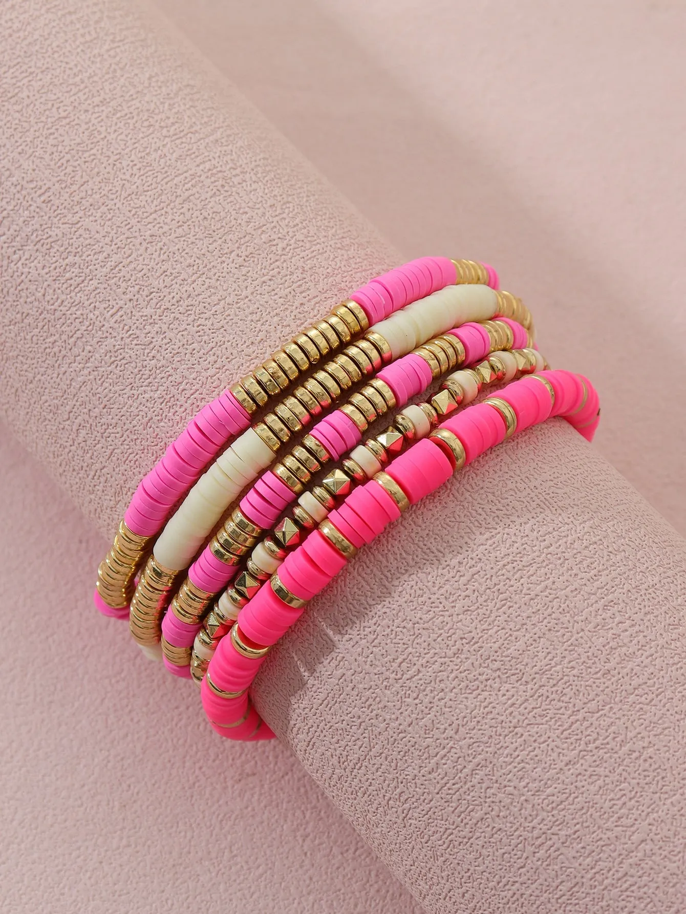 5pcs/set Fashionable Elastic Bracelet Set With Soft Pottery Beads