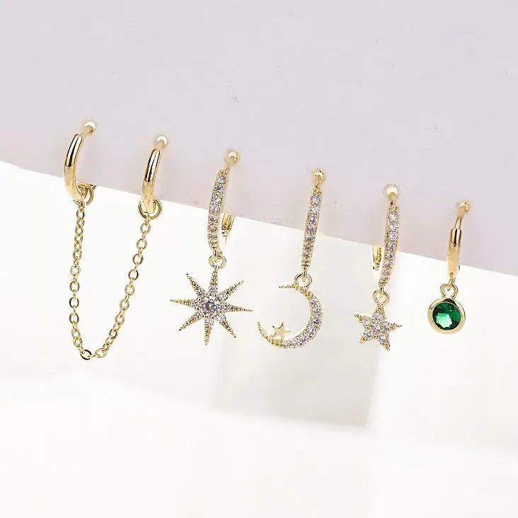 6 Piece Celestial Huggies Earring Set