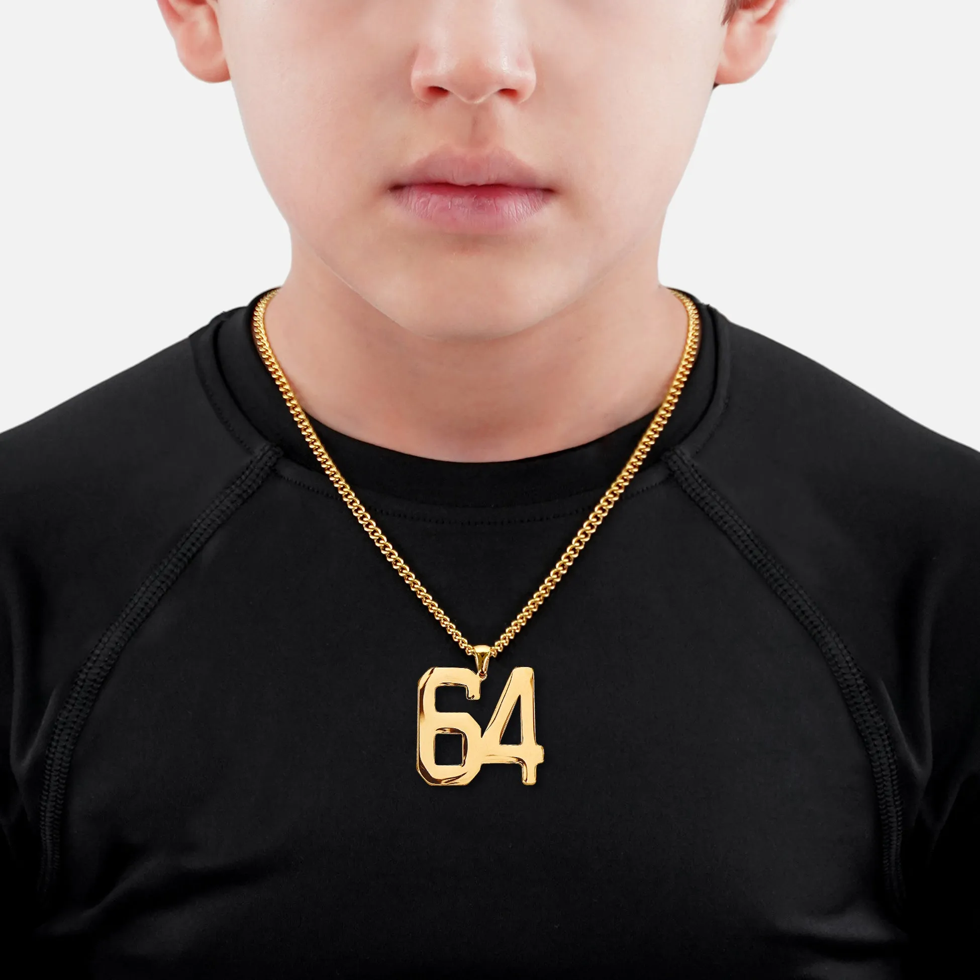 64 Number Pendant with Chain Kids Necklace - Gold Plated Stainless Steel