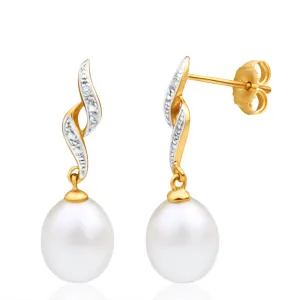 9ct Dazzling Yellow Gold Diamond   Pearl Drop Earrings