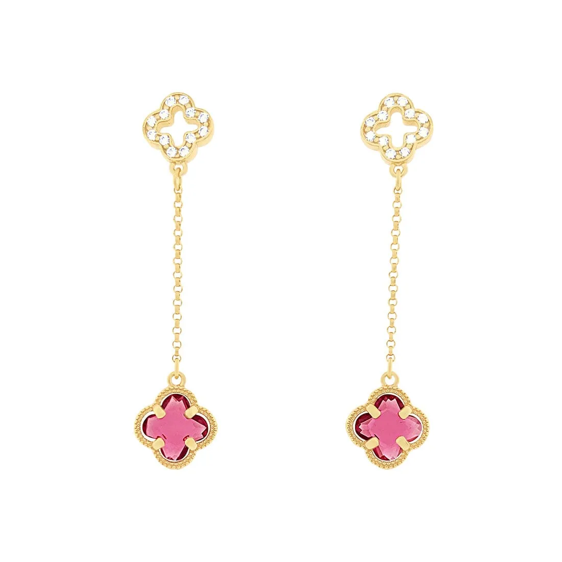 9ct Yellow Gold Silver Infused Red Clover Drop Earrings with Cubic Zirconia