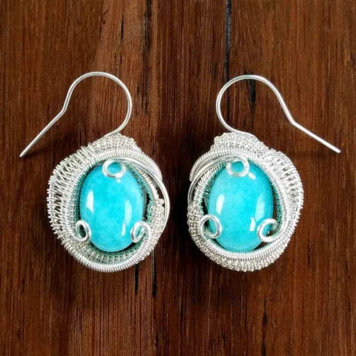 Amazonite Wire Wrapped Earrings | 100% Natural Stone | Crystal & Gemstone Filigree Silver Drop Hook Earrings… Dainty Celtic Boho Jewelry