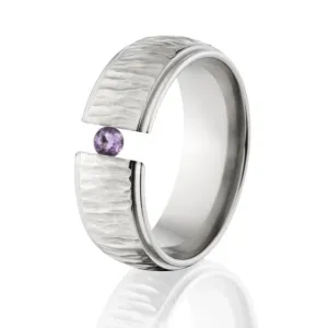 Amethyst Tension Set Ring, Titanium Rings, Tree Bark