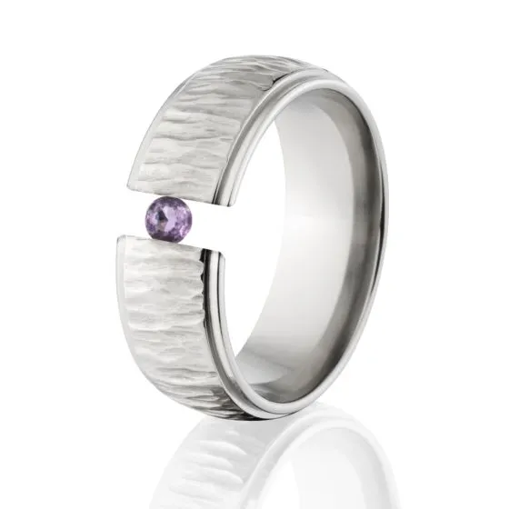 Amethyst Tension Set Ring, Titanium Rings, Tree Bark