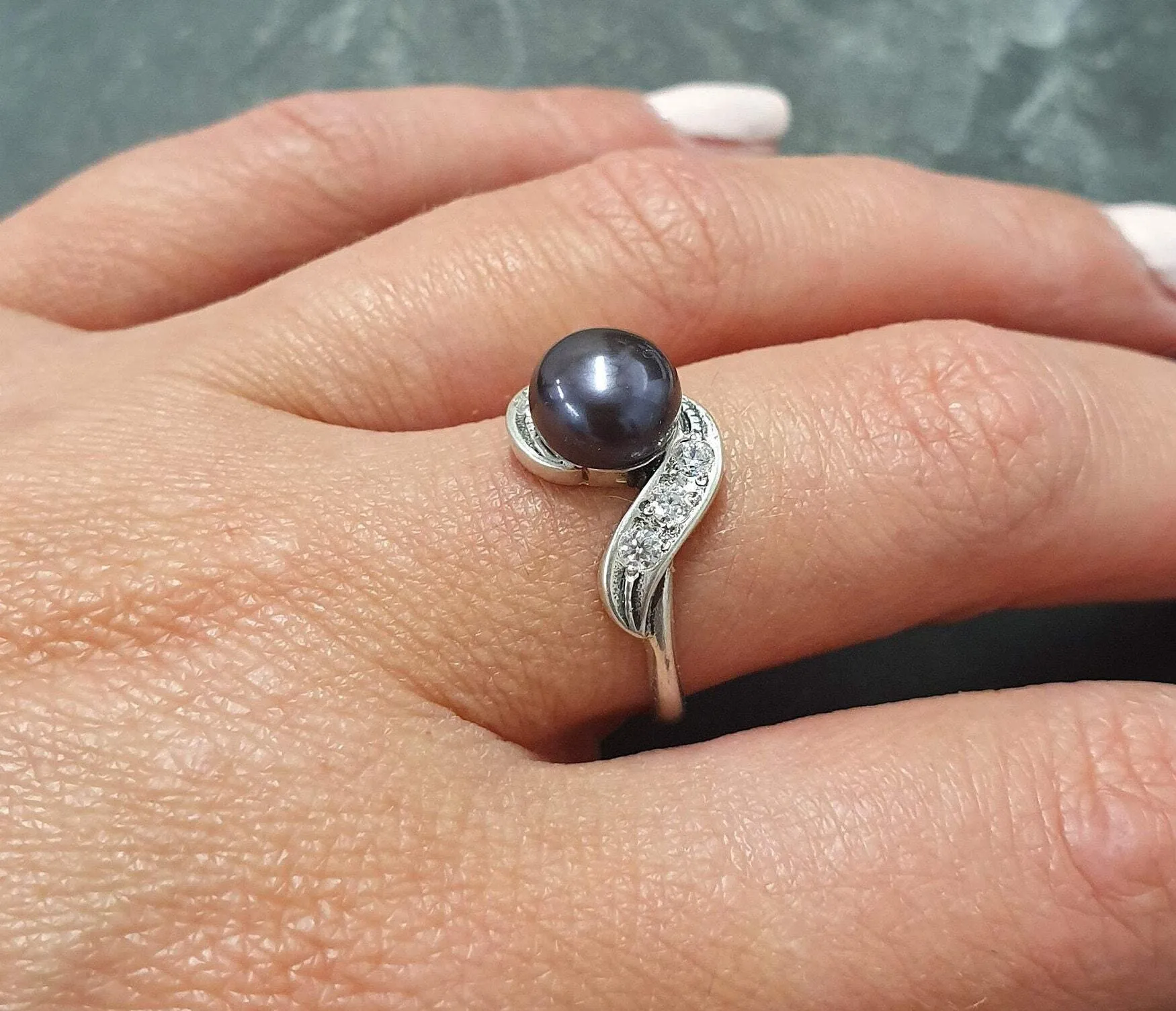 Antique Black Pearl Ring - Genuine Black Pearl Ring - Black Pearl Silver Ring