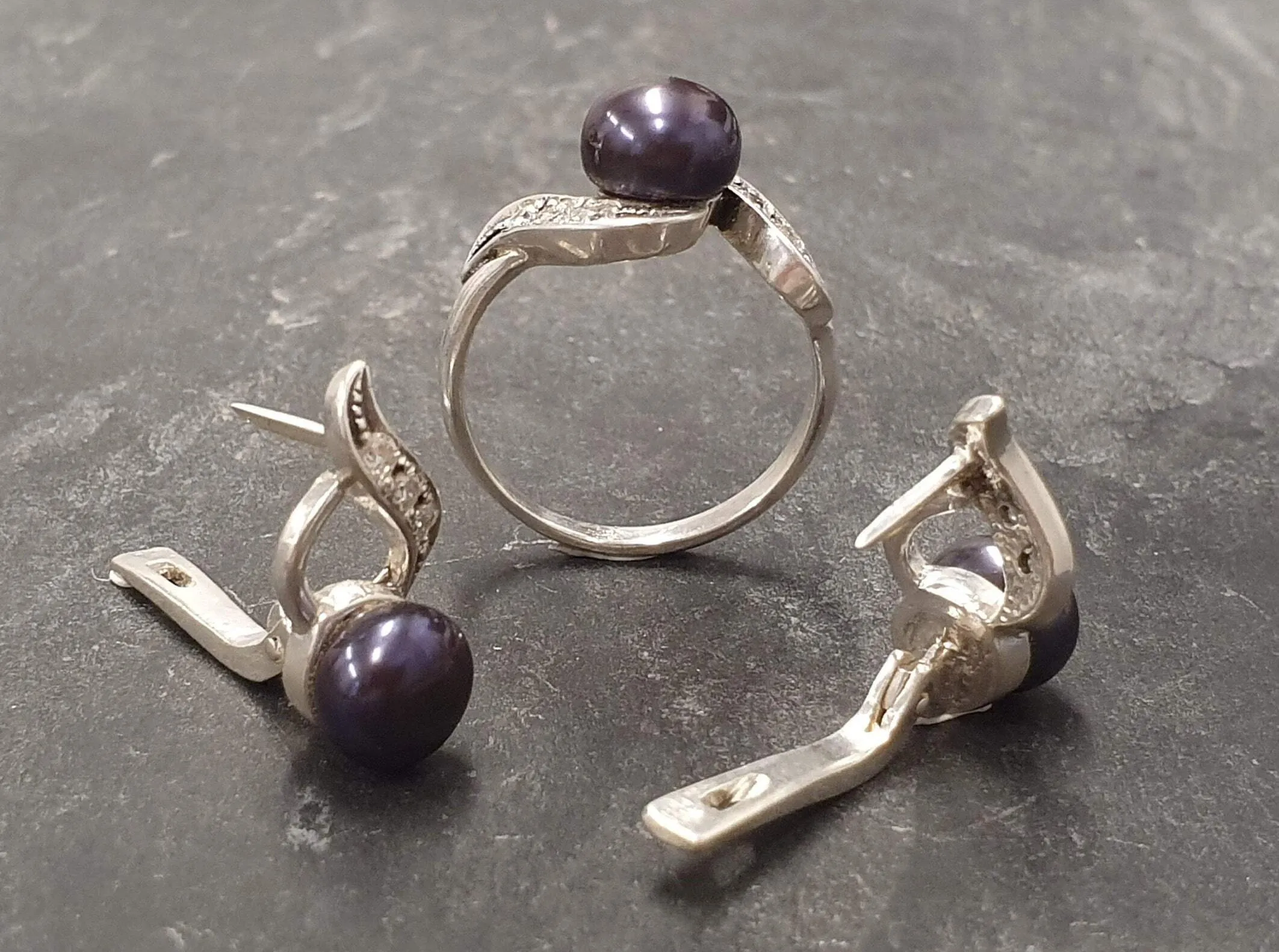 Antique Black Pearl Ring - Genuine Black Pearl Ring - Black Pearl Silver Ring