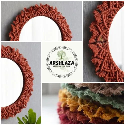 ARSHLAZA Macrame Hanging Wall Mirror with Macrame Round Mirror Art Boho Decor Macrame Decorative Mirror [MBM21] Brown