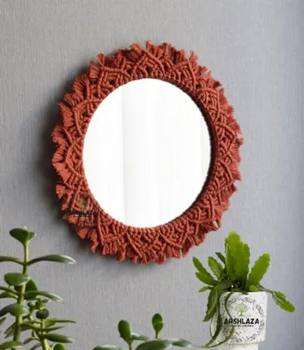 ARSHLAZA Macrame Hanging Wall Mirror with Macrame Round Mirror Art Boho Decor Macrame Decorative Mirror [MBM21] Brown