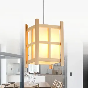 Asian Wooden Pendant Lighting for Restaurants - 1-Light Square Lamp with Paper Shade