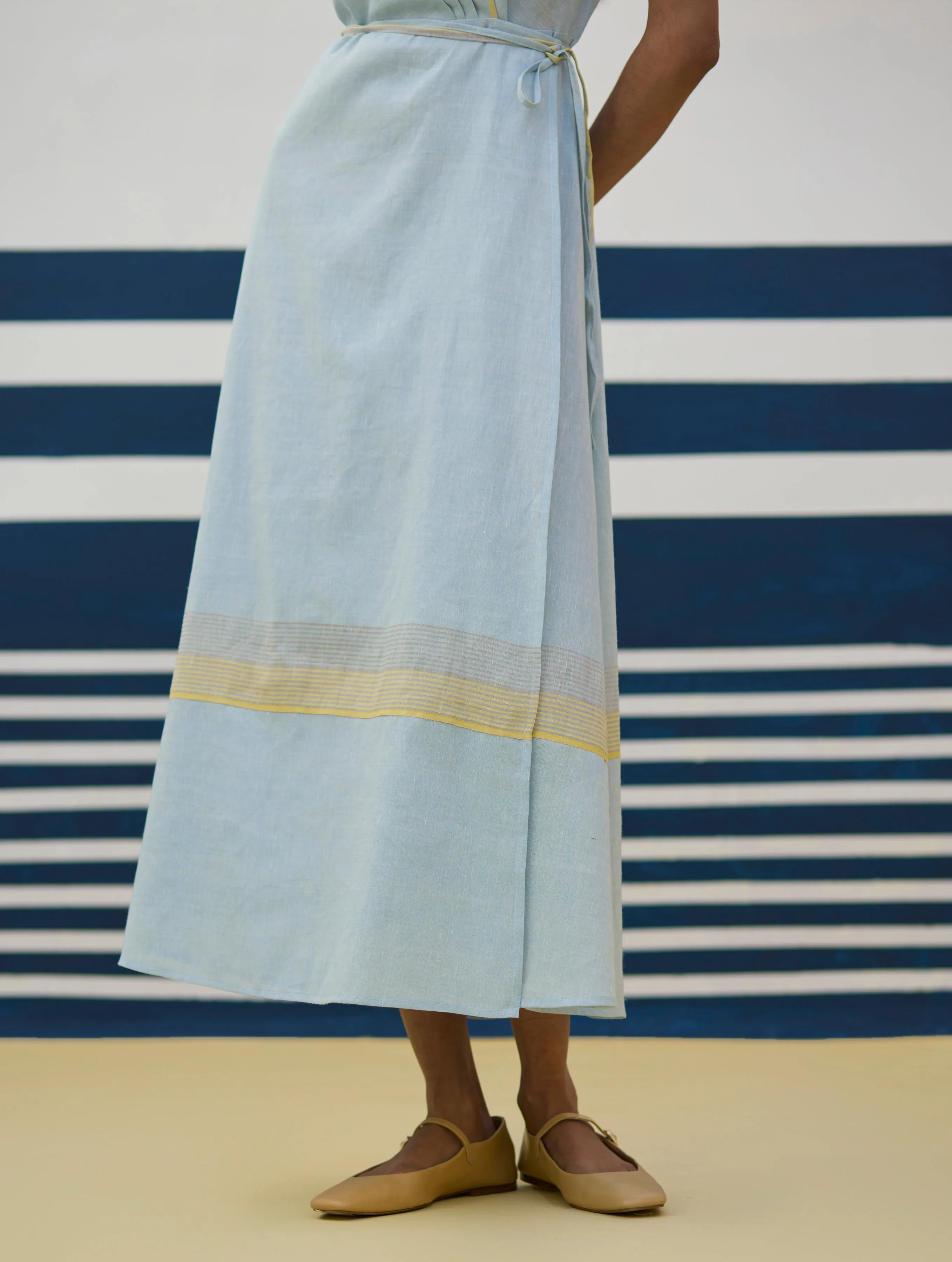 Ava Border Linen Wrap Dress
- Sky