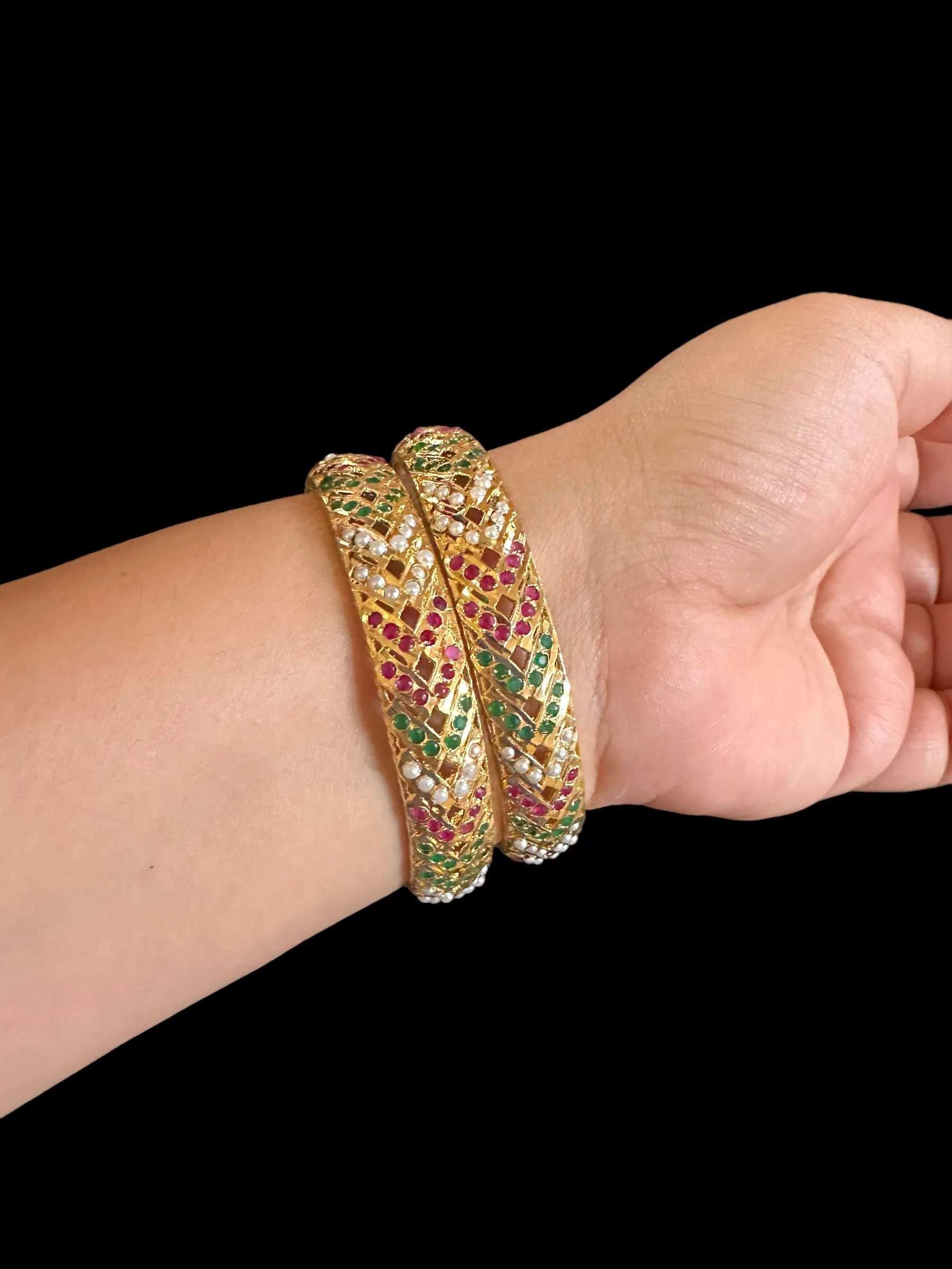 B153  Gold plated jadau bangles - ruby green      ( READY TO SHIP)