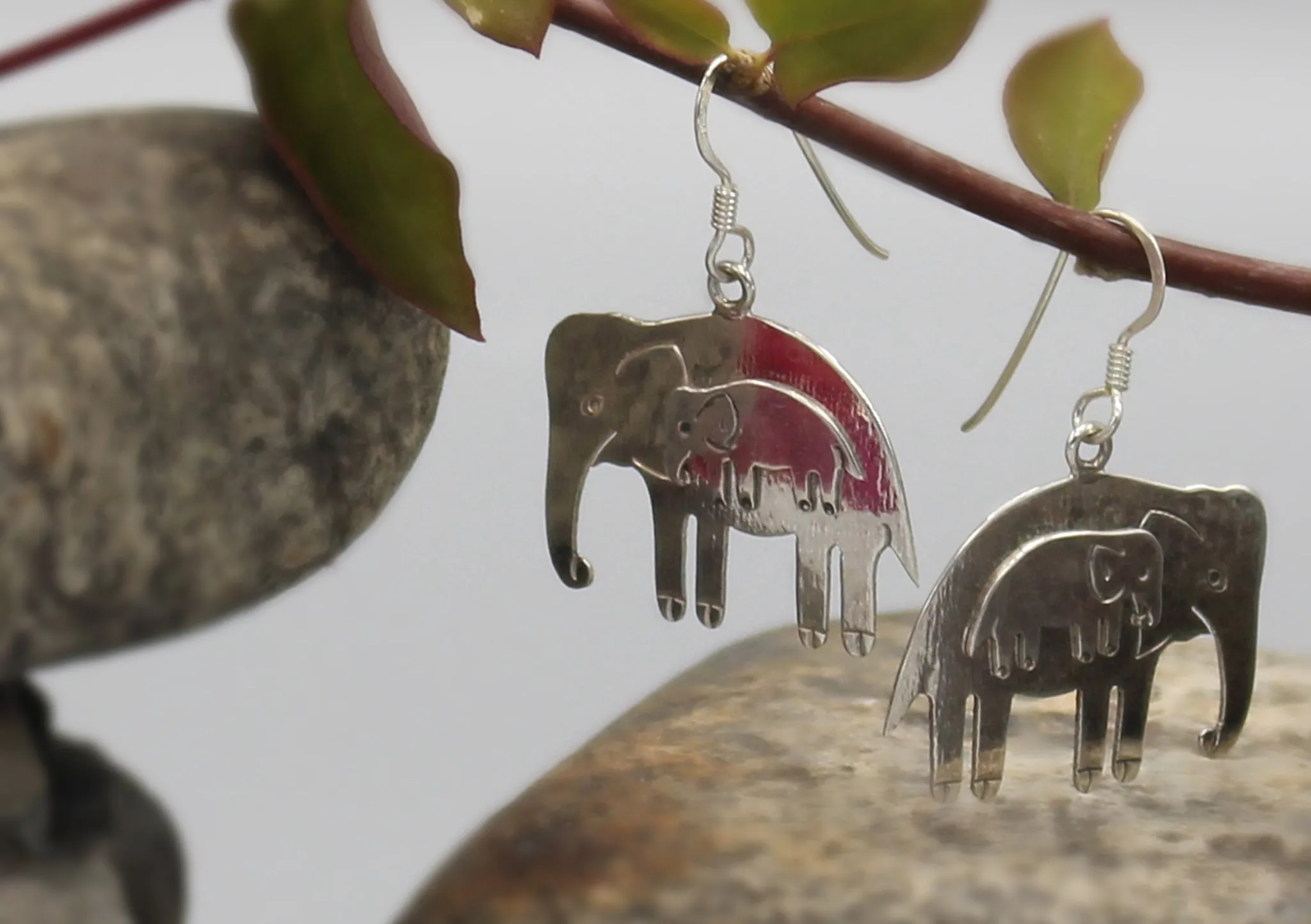 Baby and Mother Elephant Sterling Silver Earrings