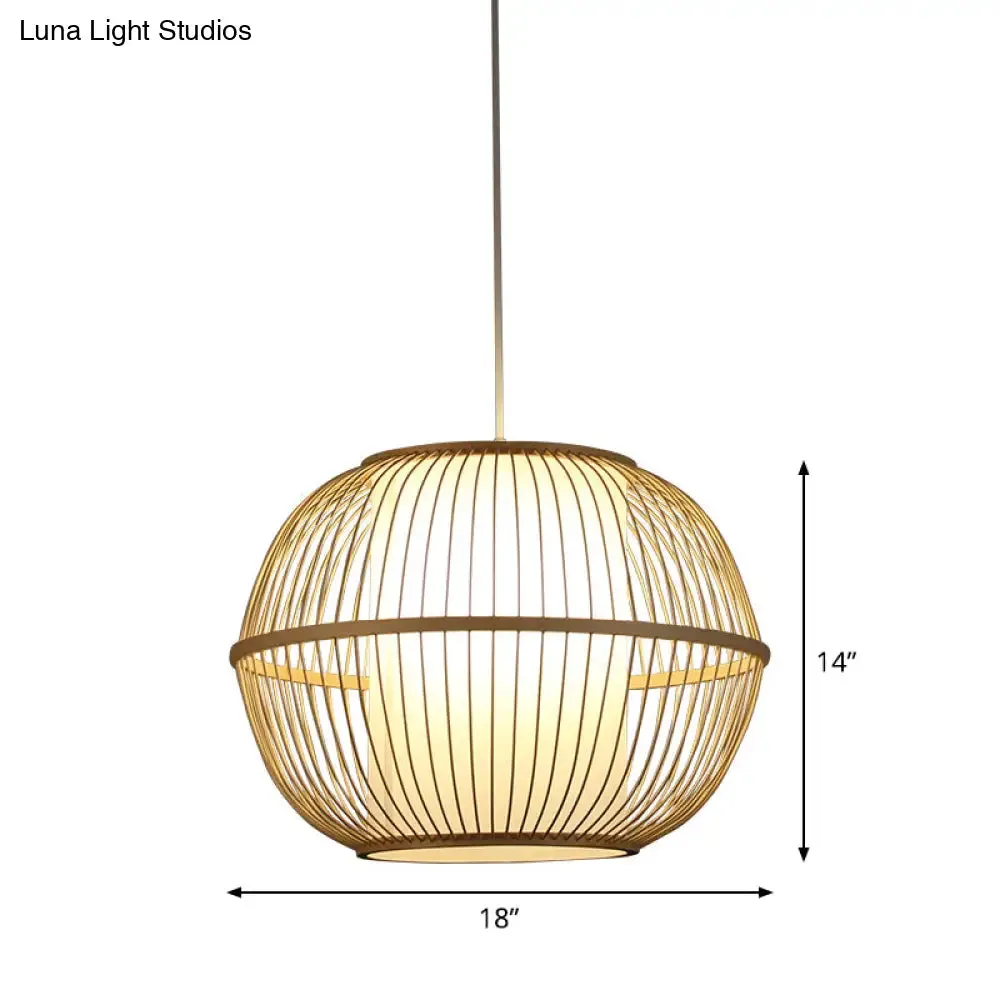 Bamboo Sphere Hanging Lamp with Beige Interior Shade - Asian Style Lighting Fixture