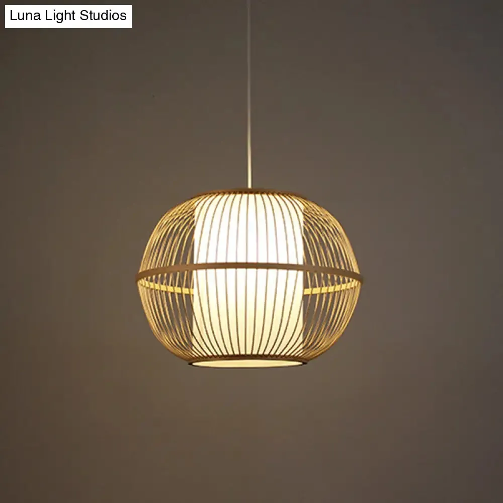 Bamboo Sphere Hanging Lamp with Beige Interior Shade - Asian Style Lighting Fixture