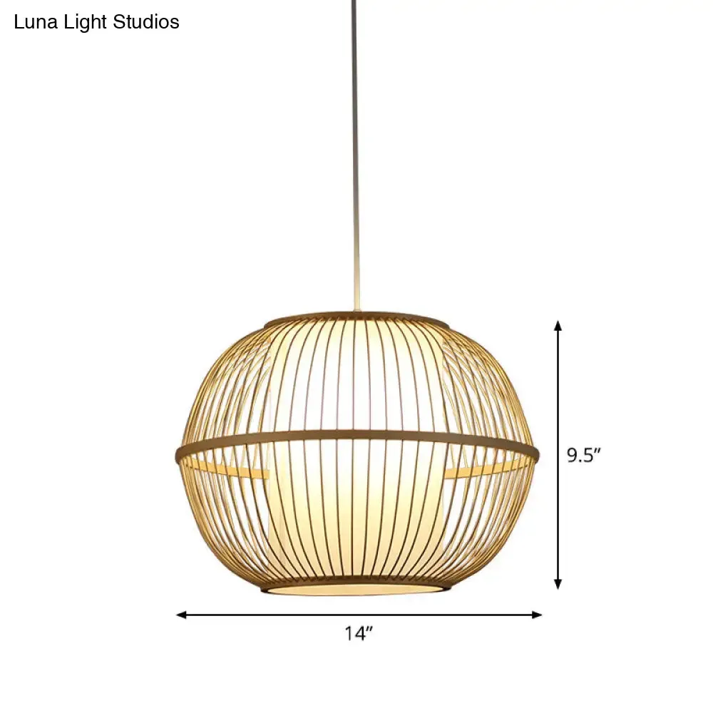 Bamboo Sphere Hanging Lamp with Beige Interior Shade - Asian Style Lighting Fixture