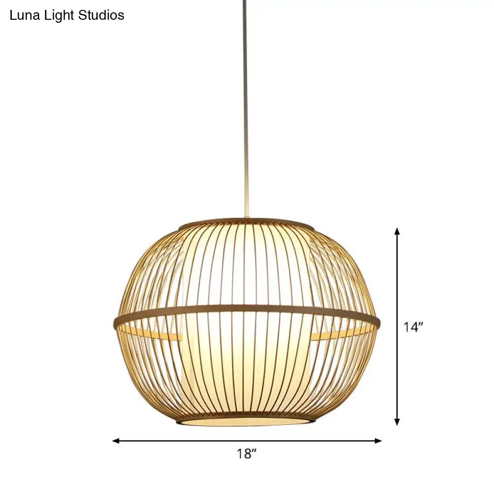 Bamboo Sphere Hanging Lamp with Beige Interior Shade - Asian Style Lighting Fixture