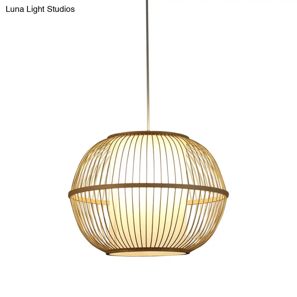 Bamboo Sphere Hanging Lamp with Beige Interior Shade - Asian Style Lighting Fixture