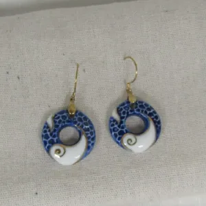 Big Blue White  & Gold Ceramic Hoop Drop  Earrings