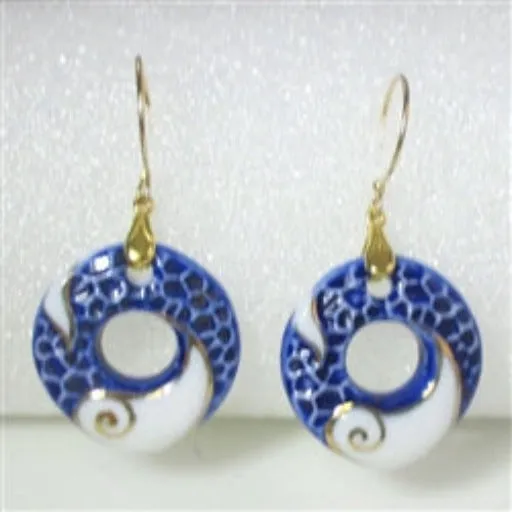 Big Blue White  & Gold Ceramic Hoop Drop  Earrings