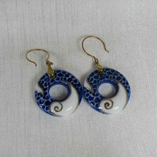 Big Blue White  & Gold Ceramic Hoop Drop  Earrings