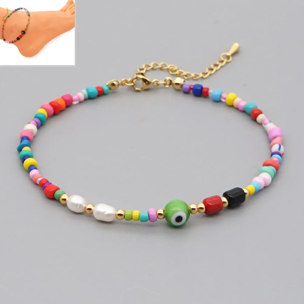 Bohemian Ethnic Rainbow Rice Bead Pearl Anklet