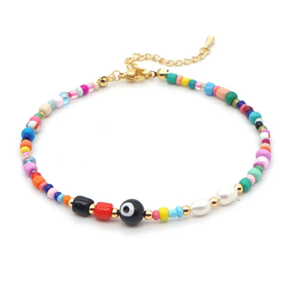 Bohemian Ethnic Rainbow Rice Bead Pearl Anklet