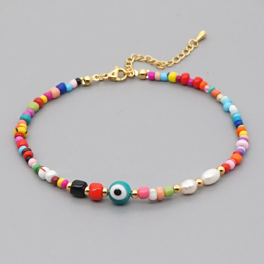 Bohemian Ethnic Rainbow Rice Bead Pearl Anklet