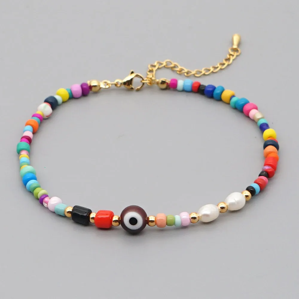 Bohemian Ethnic Rainbow Rice Bead Pearl Anklet