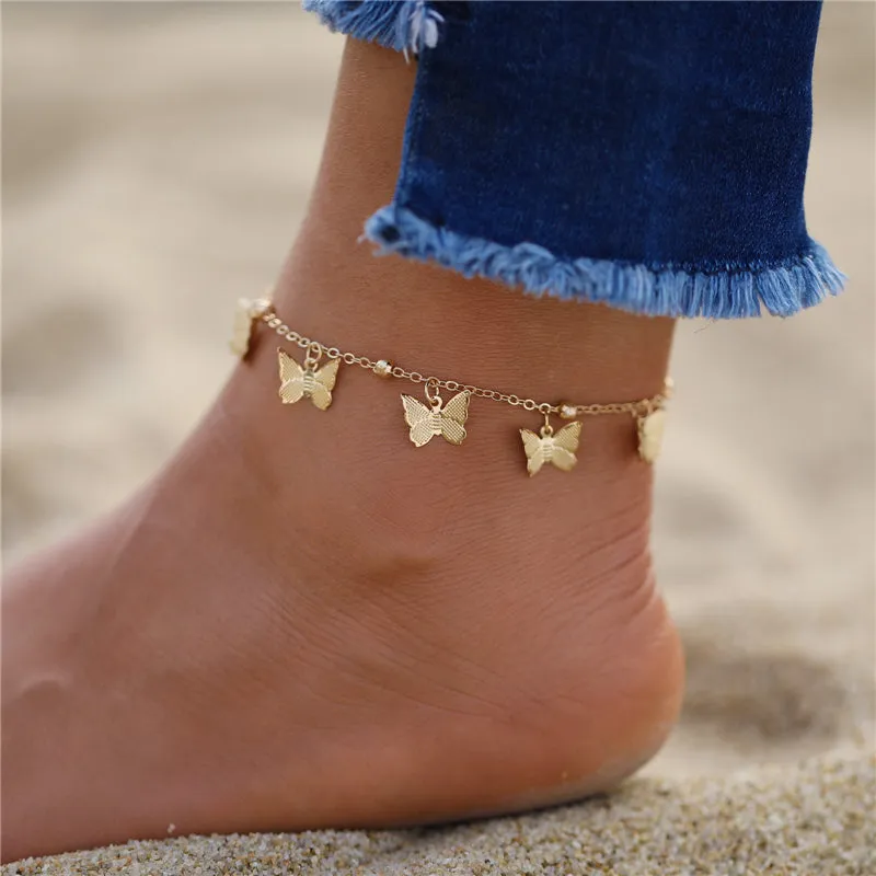 Bohemian Gold Butterfly Anklets For Women Fashion Siilver Color Beads