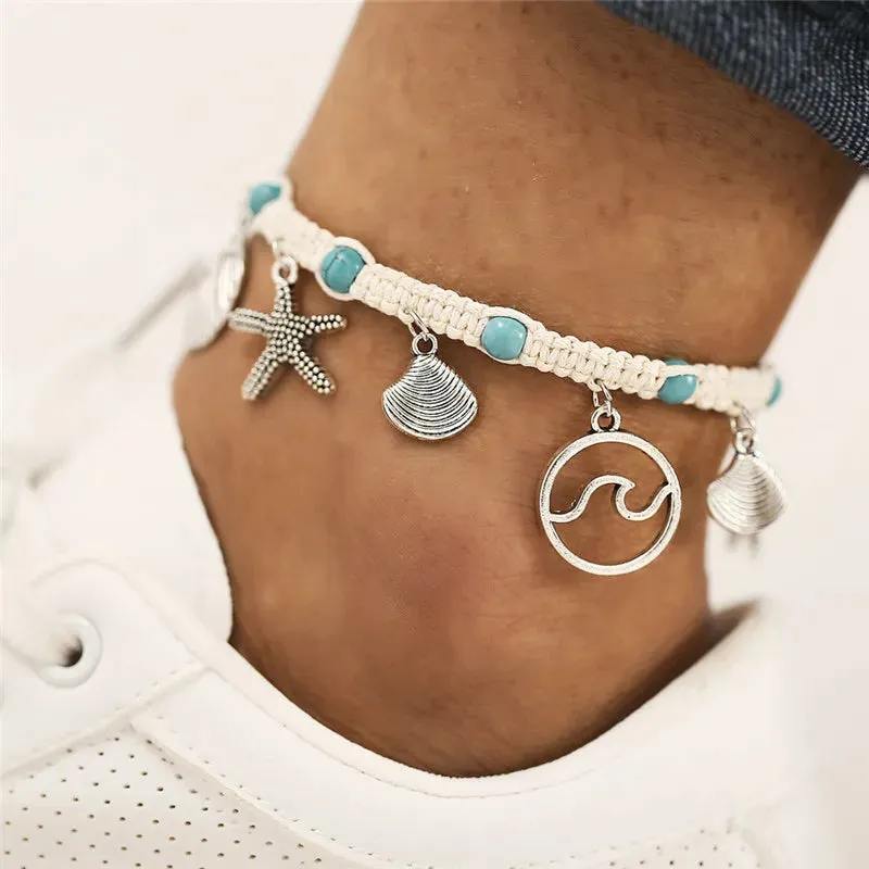 Bohemian Vintage Shell Beads Starfish Sea Turtle Anklets New Multi Layer Anklet Leg Bracelet Handmade Jewelry For Women