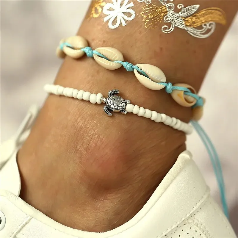 Bohemian Vintage Shell Beads Starfish Sea Turtle Anklets New Multi Layer Anklet Leg Bracelet Handmade Jewelry For Women