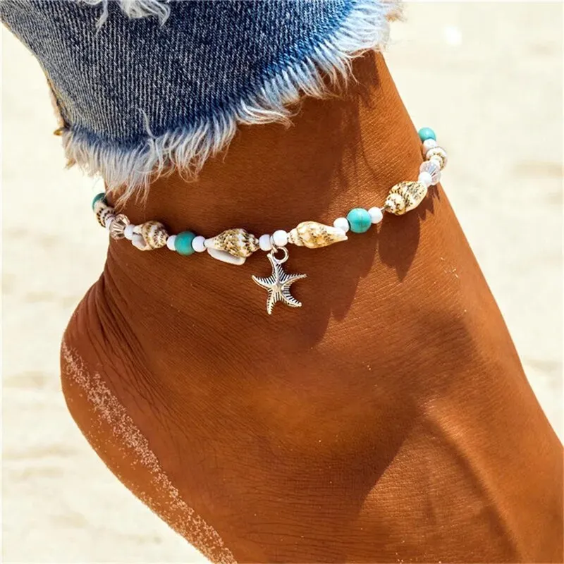 Bohemian Vintage Shell Beads Starfish Sea Turtle Anklets New Multi Layer Anklet Leg Bracelet Handmade Jewelry For Women