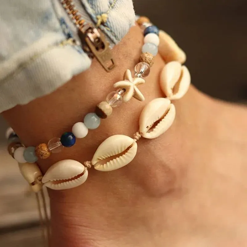 Bohemian Vintage Shell Beads Starfish Sea Turtle Anklets New Multi Layer Anklet Leg Bracelet Handmade Jewelry For Women