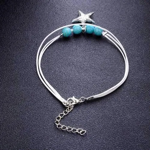 Bohemian White Wax Rope Blue Ball Beads Star Pendant Anklets