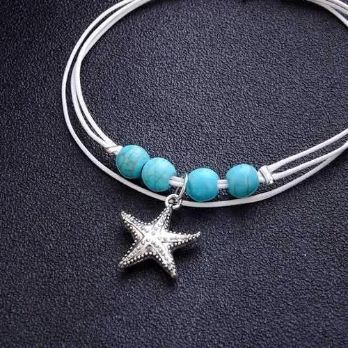 Bohemian White Wax Rope Blue Ball Beads Star Pendant Anklets