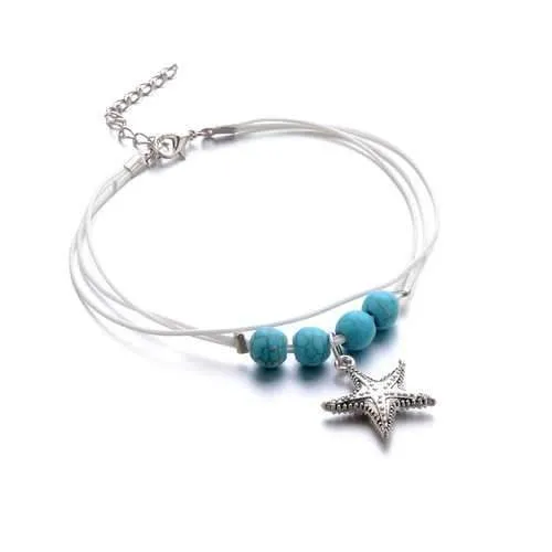 Bohemian White Wax Rope Blue Ball Beads Star Pendant Anklets