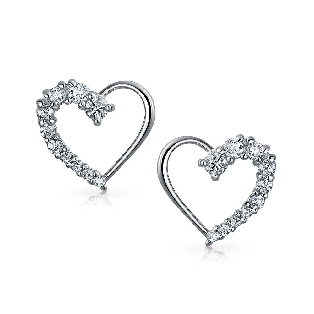 Bridal Love Journey CZ Stud Earrings Heart Shaped Pave Sterling Silver Gift